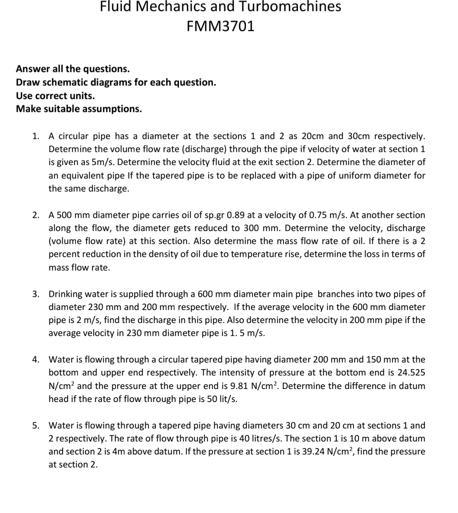Solved Fluid Mechanics and Turbomachines FMM3701Answer all | Chegg.com