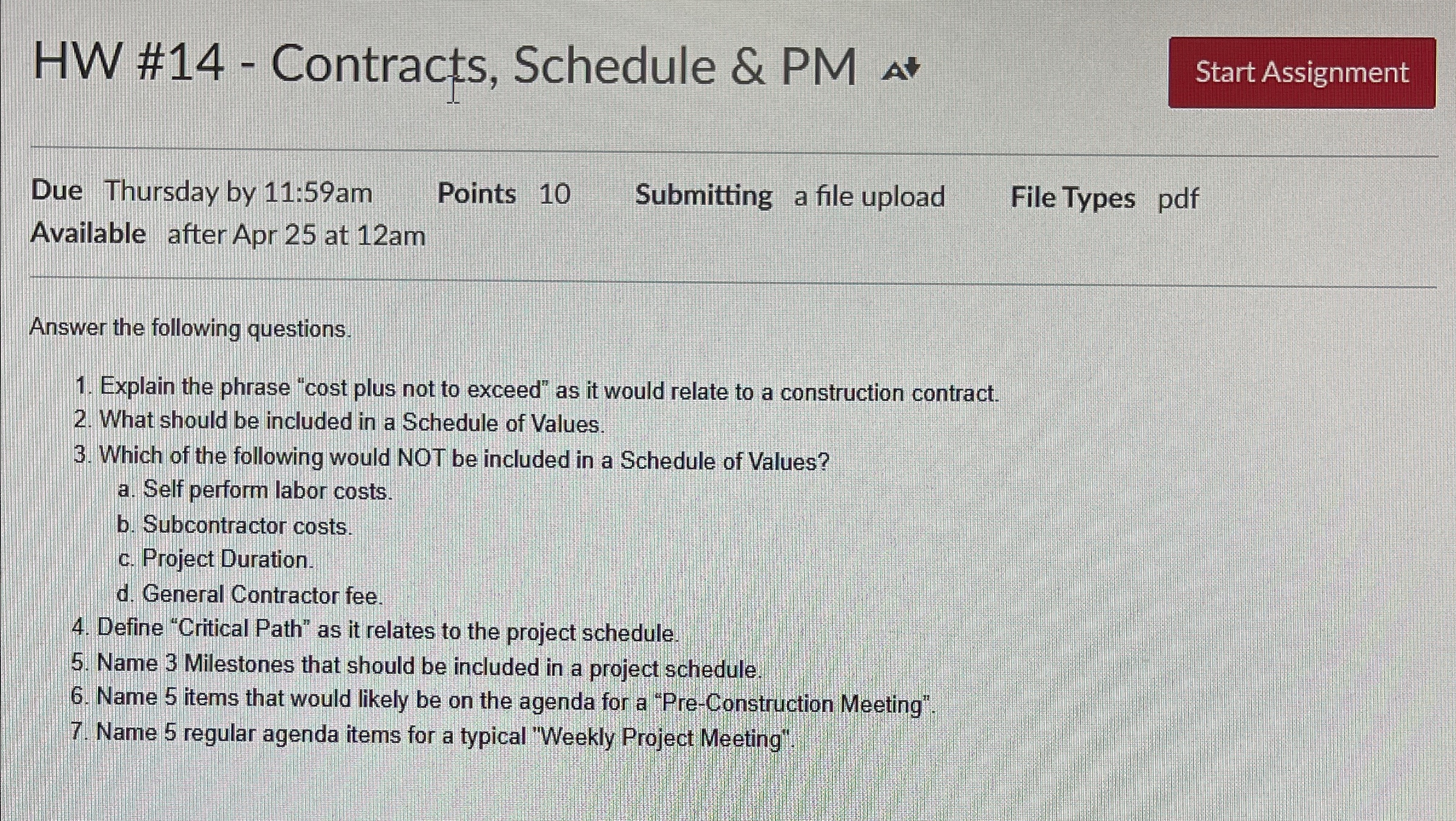 Solved HW #14 - ﻿Contracts, Schedule & PMDue Thursday by | Chegg.com