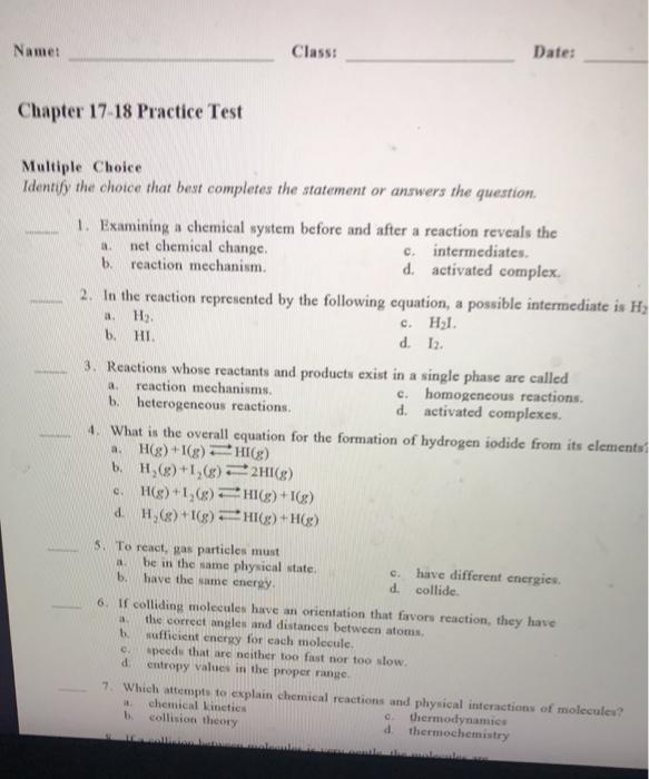 Solved Name: Class: Date: Chapter 17-18 Practice Test