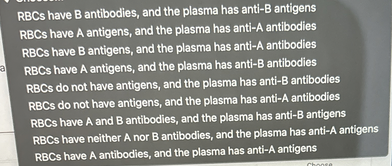 Solved RBCs have B ﻿antibodies, and the plasma has anti-B | Chegg.com