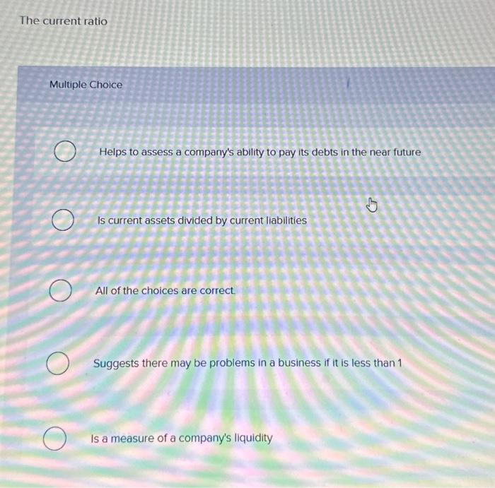 Solved The current ratio Multiple Choice Helps to assess a | Chegg.com