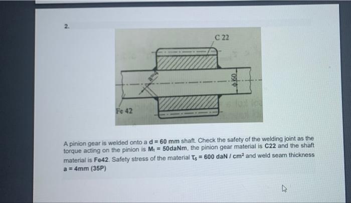 Solved C22 FOড়ক- Fe 42 A pinion gear is welded onto a d = | Chegg.com