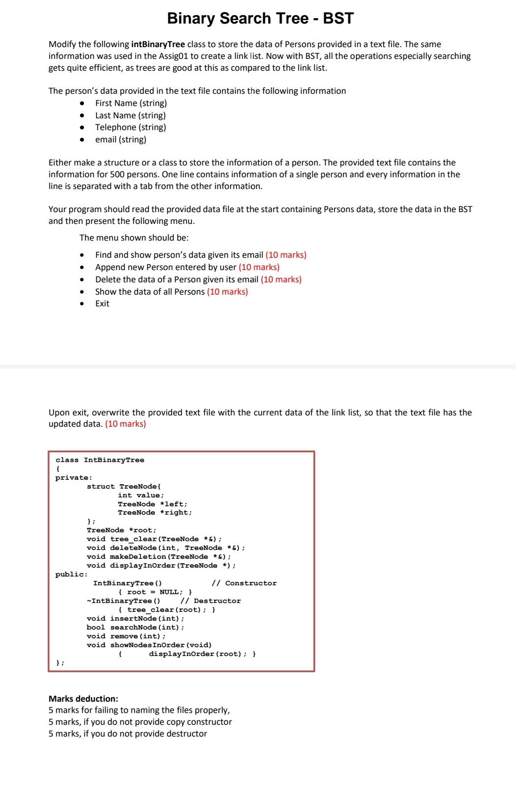Solved Binary Search Tree - BST Modify the following | Chegg.com