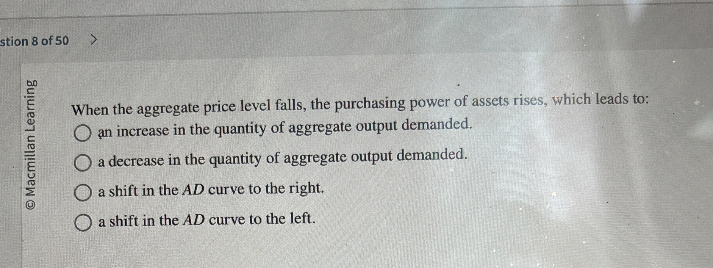 Solved stion 8 ﻿of 50When the aggregate price level falls, | Chegg.com