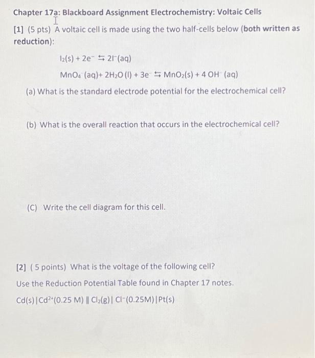 Solved Chapter 17a: Blackboard Assignment Electrochemistry: | Chegg.com