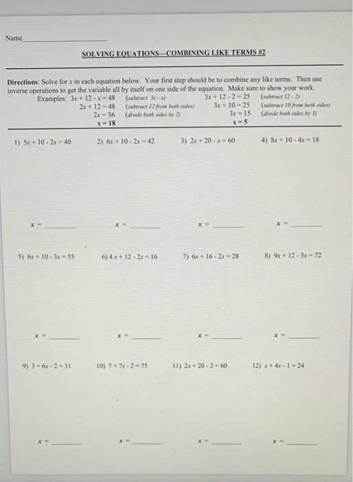 Solved Name SOLVING EQUATIONS COMBINING LIKE TERMS #2 | Chegg.com