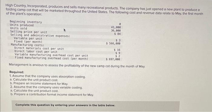 Solved High Country, Incorporated, produces and sells many | Chegg.com