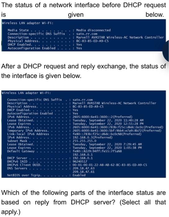 Solved The status of a network interface before DHCP request | Chegg.com