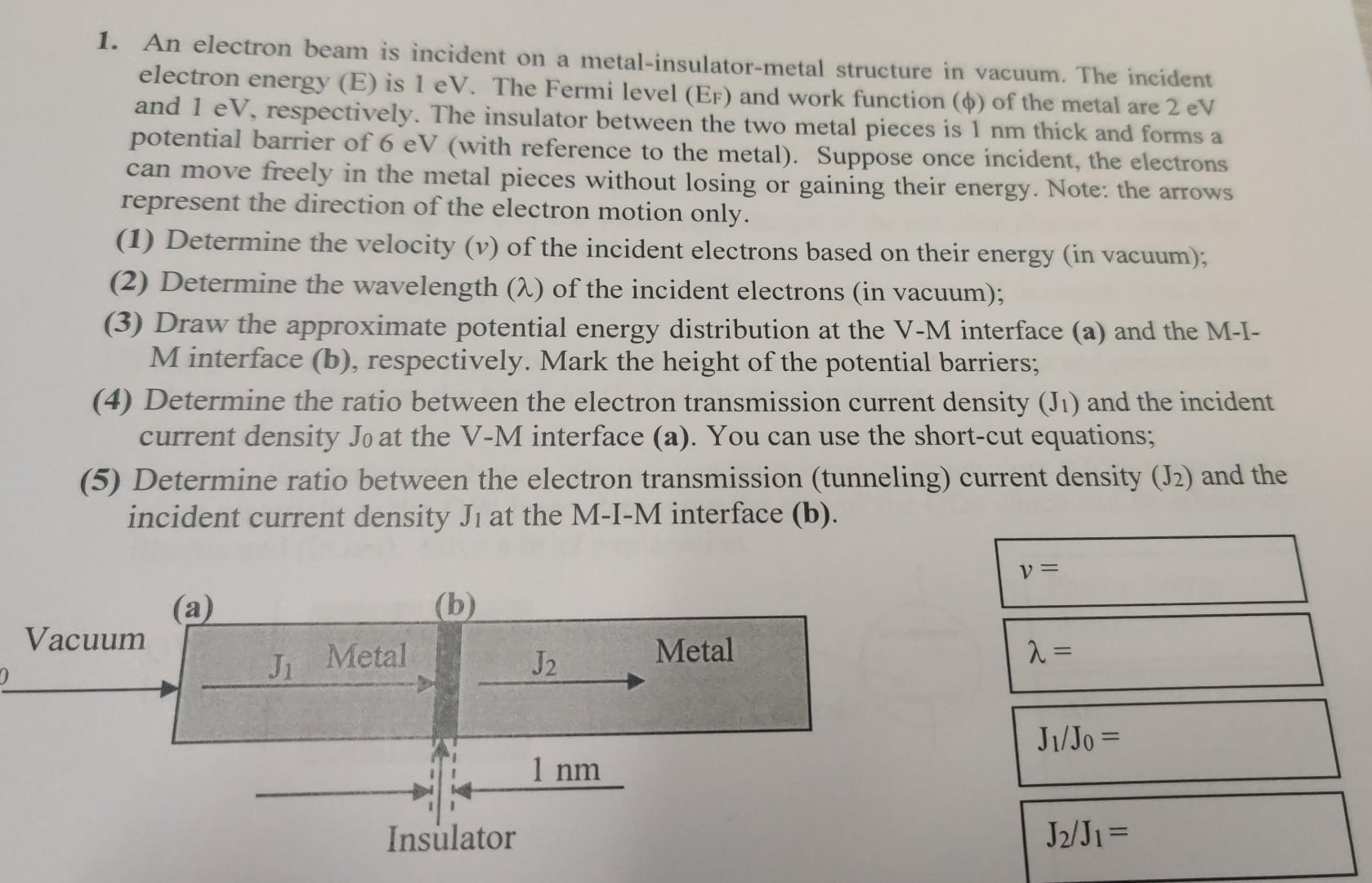 Solved 1. An electron beam is incident on a | Chegg.com
