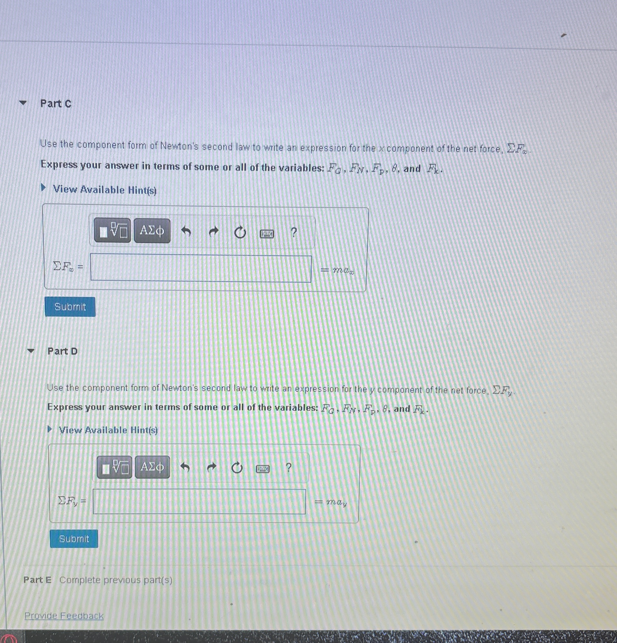 Solved Part CUse the component form of Newtan's second law | Chegg.com
