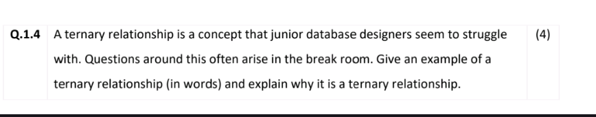 Q.1.4 A ternary relationship is a concept that junior database designers seem to struggle
(4) with. Questions around this oft