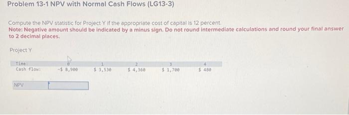 Solved Problem 13-1 NPV With Normal Cash Flows (LG13-3) | Chegg.com