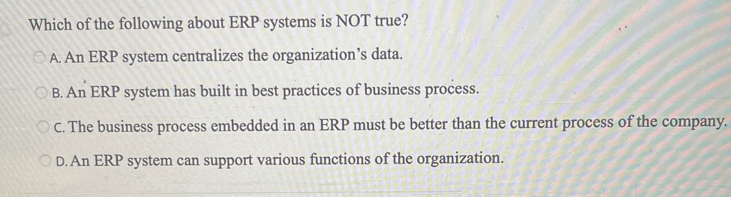 Solved Which of the following about ERP systems is NOT | Chegg.com