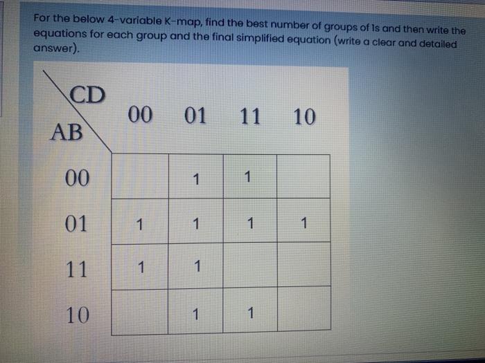 Solved For the below 4-variable K-map, find the best number | Chegg.com