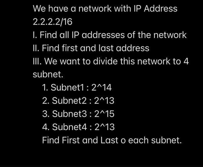 Solved We have a network with IP Address 2.2.2.2/16 I. Find | Chegg.com