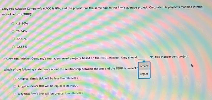 Grey Fox Aviation Companys WACC is \( 8 \% \), and the project has the same risk as the firms average project. Calculate th