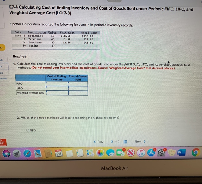 Solved E7 4 Calculating Cost Of Ending Inventory And Cost Of 5907