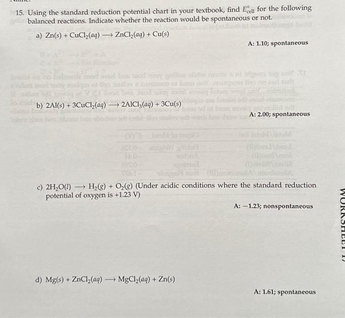 Solved 15. Using The Standard Reduction Potential Chart In | Chegg.com