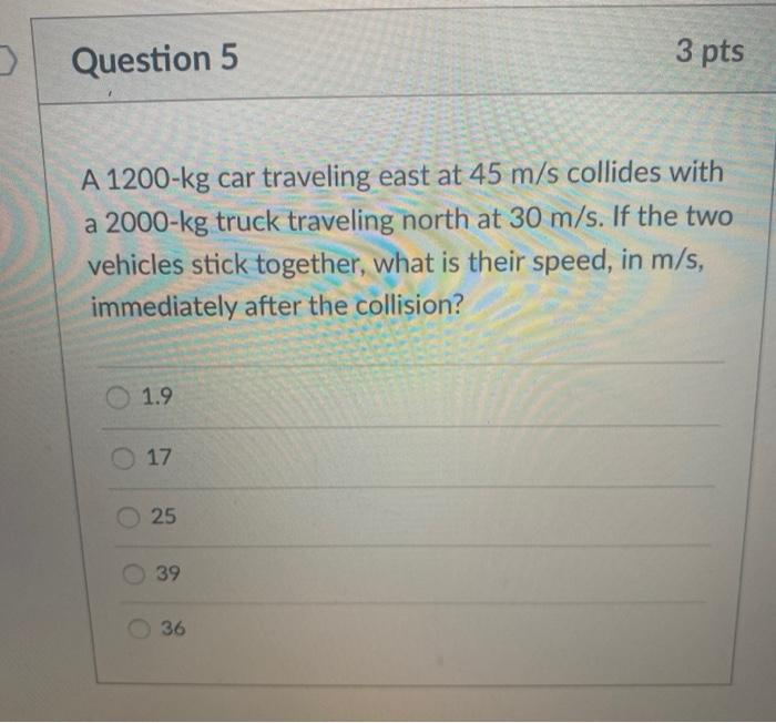 Solved Question 5 3 pts A 1200-kg car traveling east at 45 | Chegg.com