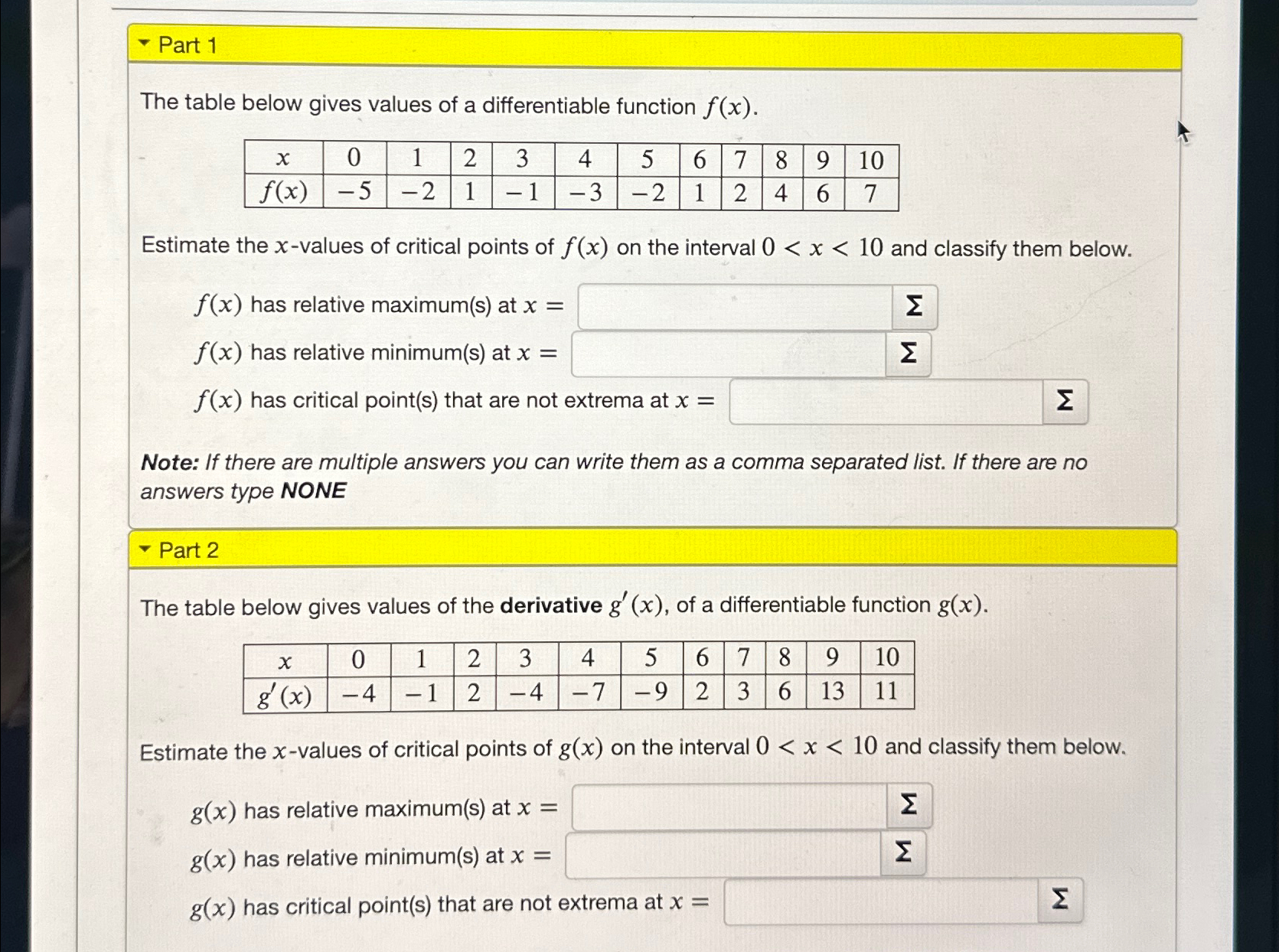 Solved Part 1The table below gives values of a | Chegg.com
