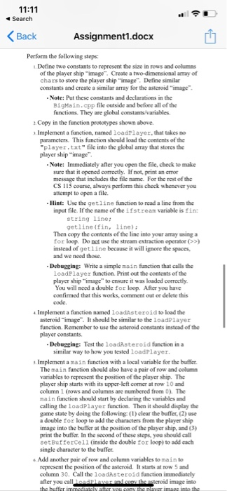 11:11 I Search Back Assignment1.docx Perform the following steps: 1. Define two constants to represent the size in rows and c