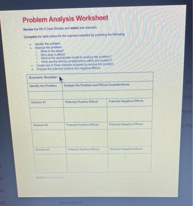 Problem Analysis Worksheet Review the Wk 5 Case