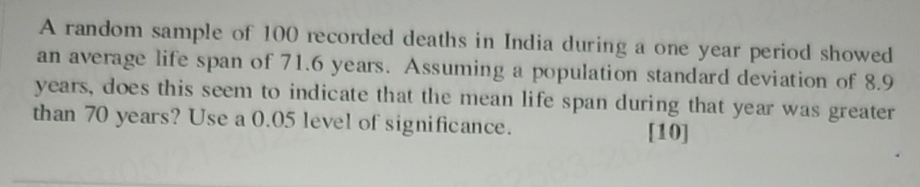 Solved A random sample of 100 recorded deaths in India | Chegg.com