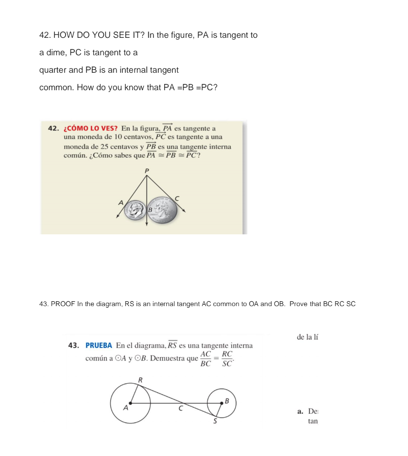 42. HOW DO YOU SEE IT? In the figure, PA is tangent to a dime, PC is tangent to a quarter and PB is an internal tangent commo