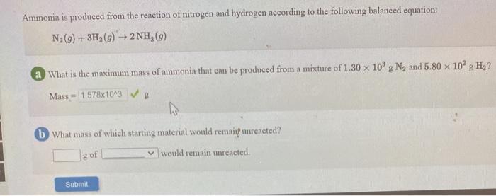 Solved Ammonia is produced from the reaction of nitrogen and | Chegg.com