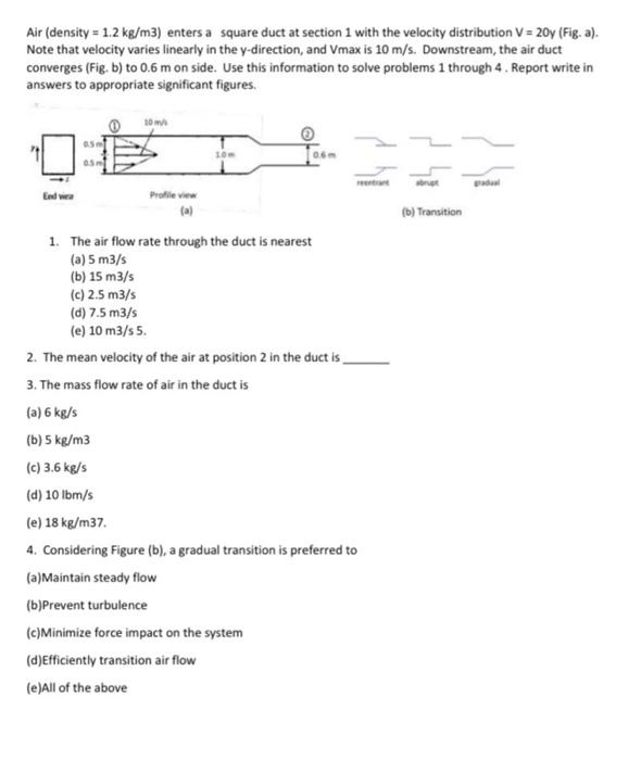 Solved Air (density = 1.2 kg/m3) enters a square duct at | Chegg.com