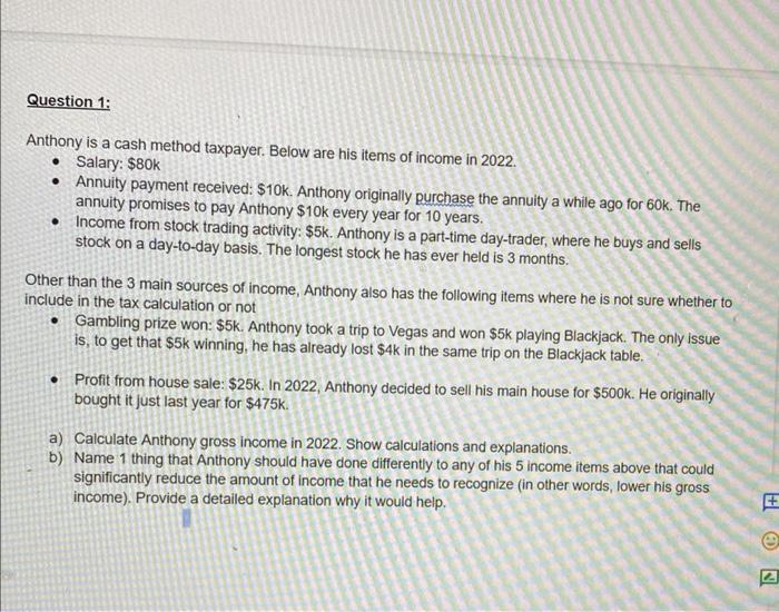 Solved Anthony is a cash method taxpayer. Below are his | Chegg.com
