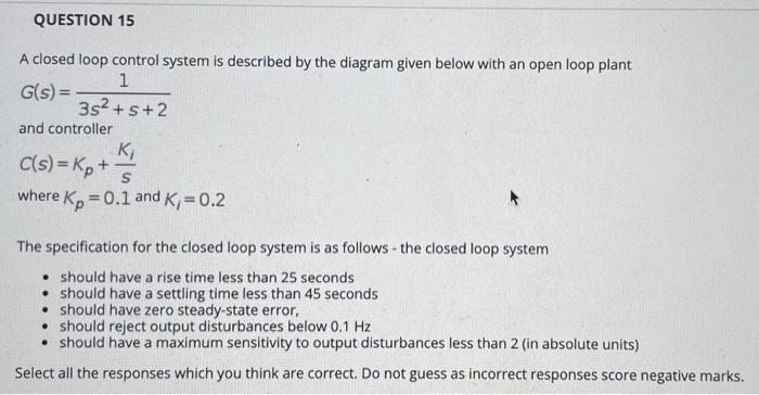 Solved QUESTION 15 A closed loop control system is described | Chegg.com