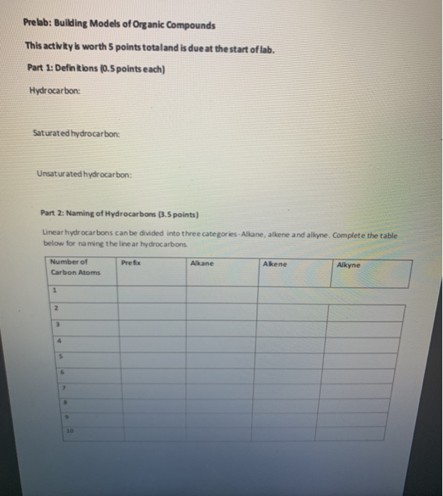 Solved Prelab Building Models of Organic Compounds This