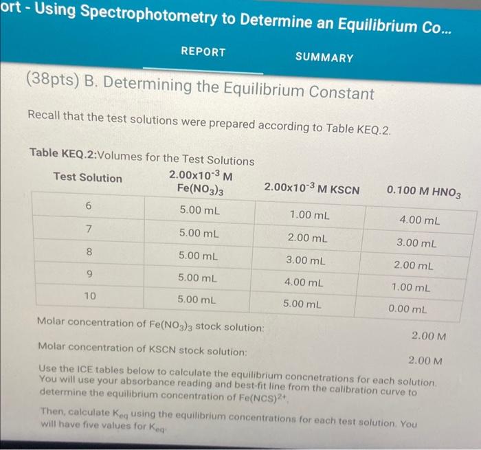 rt - Using Spectrophotometry to Determine an Equilibrium Co...
REPORT \( \quad \) SUMMARY
(38pts) B. Determining the Equilibr