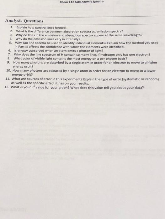 Solved Chem 111 Lab: Atomic Spectra Analysis Questions 1. | Chegg.com