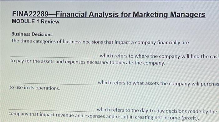 Solved FINA22289—Financial Analysis For Marketing Managers | Chegg.com