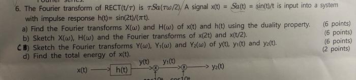 Solved 6. The Fourier transform of RECT(t/τ) is τSa(τω/2)/A | Chegg.com