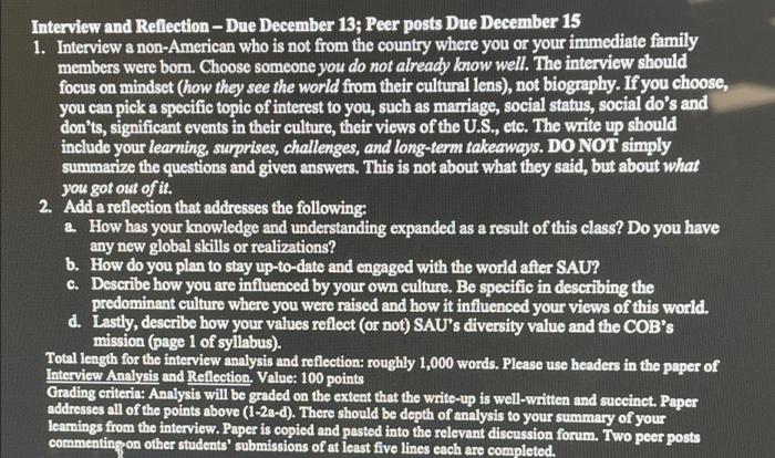 Interview and Reflection - Due December 13; Peer | Chegg.com