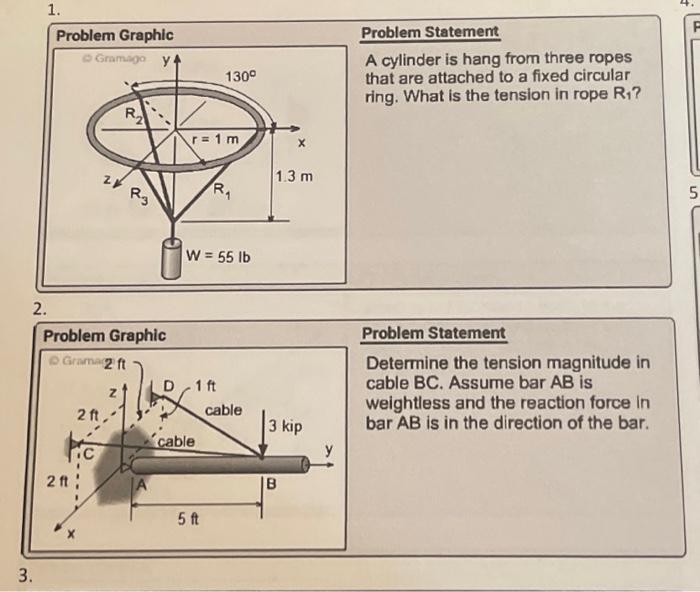A cylinder is hang from three ropes that are attached