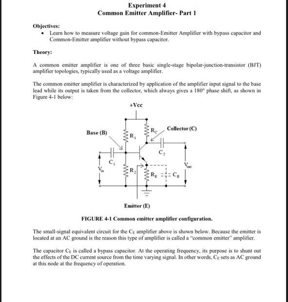 Solved Experiment 4 Common Emitter Amplifier Part 1 Circuit Diagram