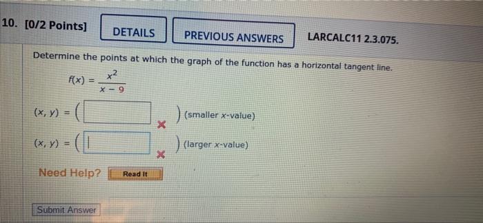 Solved 10. [0/2 Points] DETAILS PREVIOUS ANSWERS LARCALC11 | Chegg.com