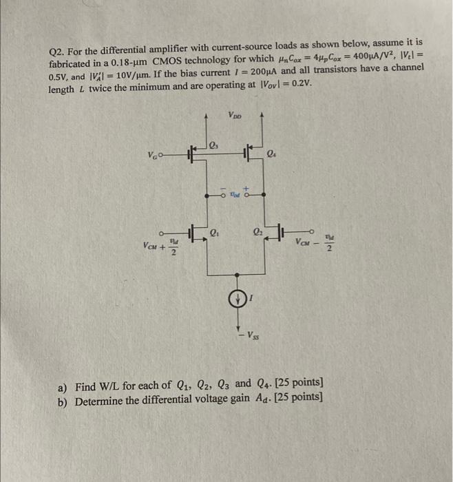 Solved Q2. For the differential amplifier with | Chegg.com