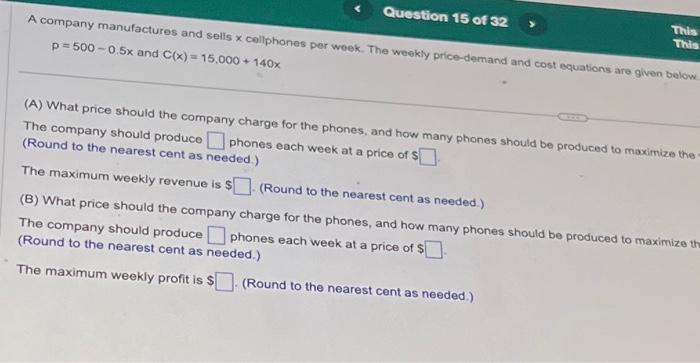 Solved Question 15 of 32 A company manufactures and sells x | Chegg.com