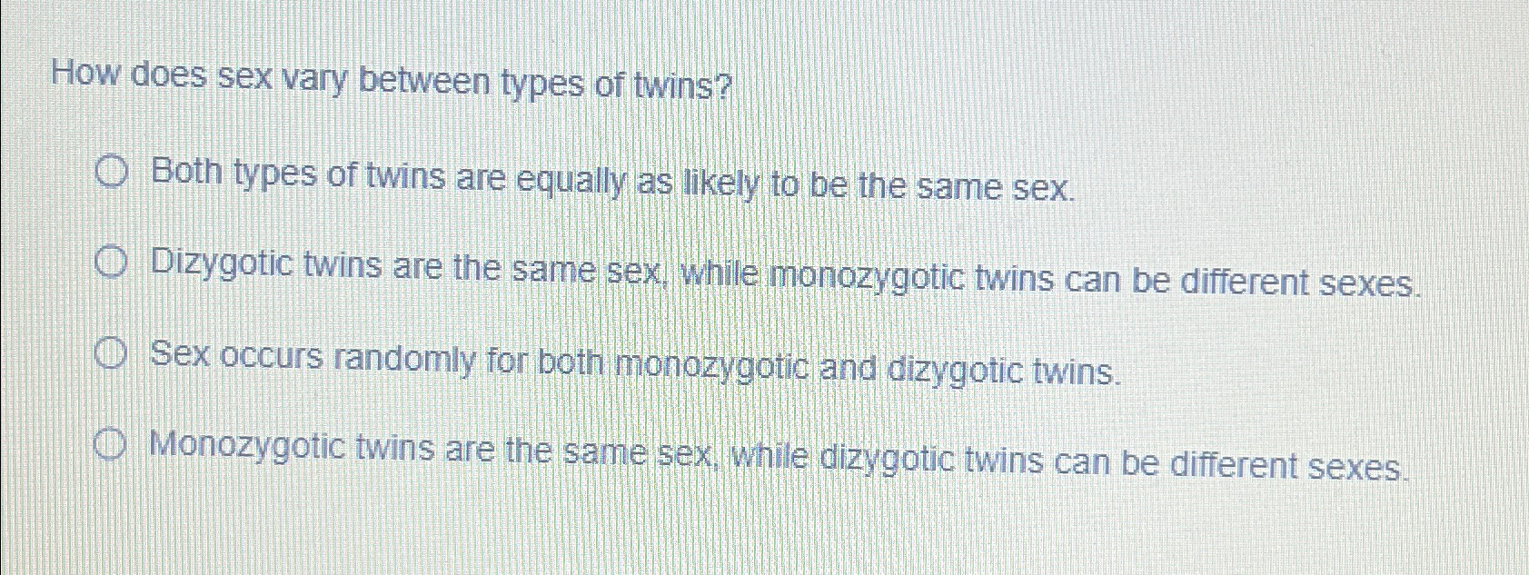 Solved How does sex vary between types of twins?Both types | Chegg.com