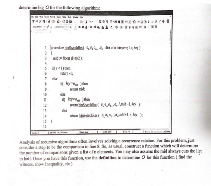 Solved Determine Big O For The Following Algorithm:analysis | Chegg.com