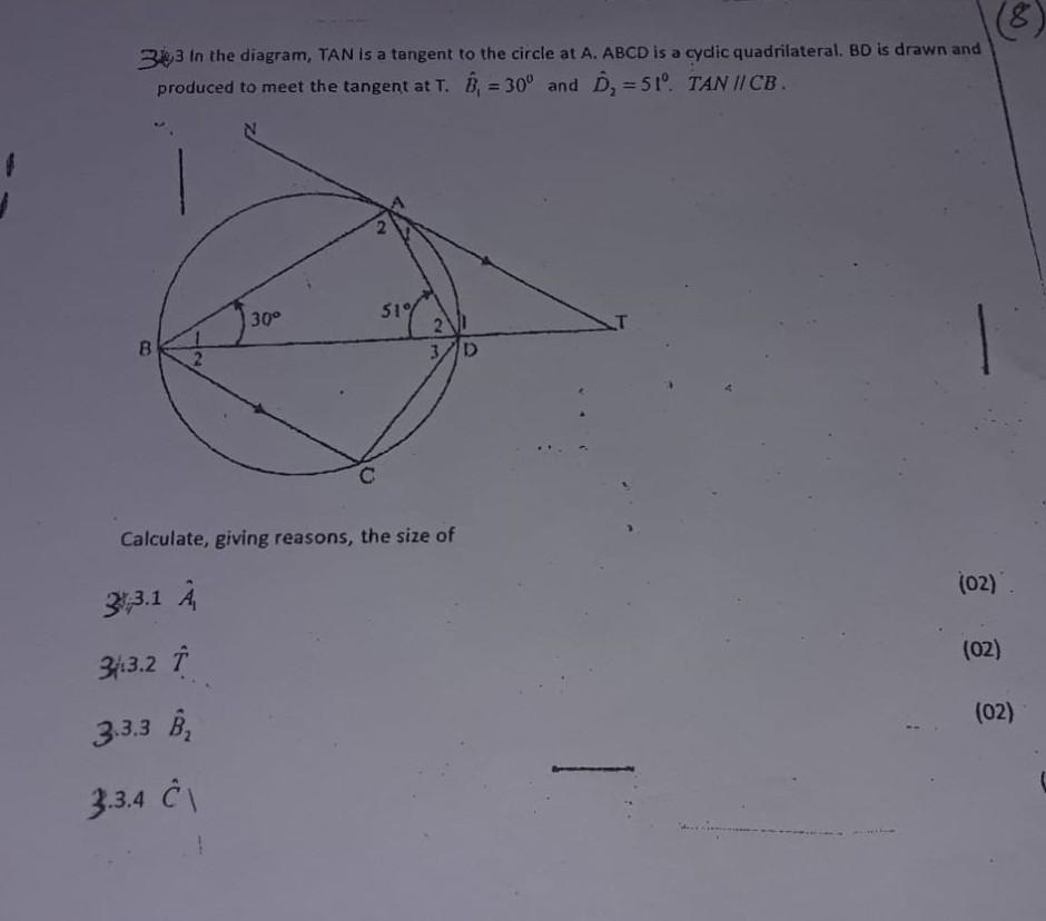 Solved 8 393 in the diagram, TAN is a tangent to the circle | Chegg.com