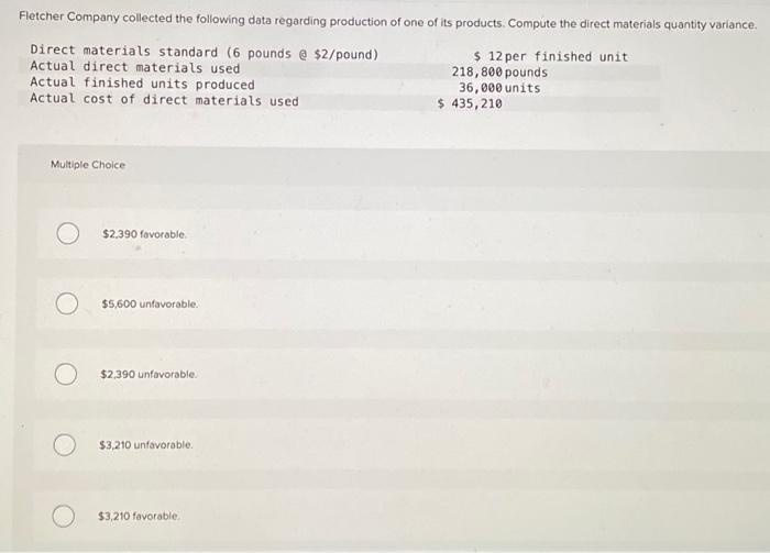 Solved Fletcher Company collected the following data