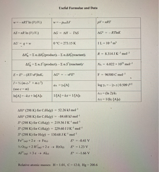 Solved Useful Formulae And Data W Nrt In V V W Pxav Pv Chegg Com
