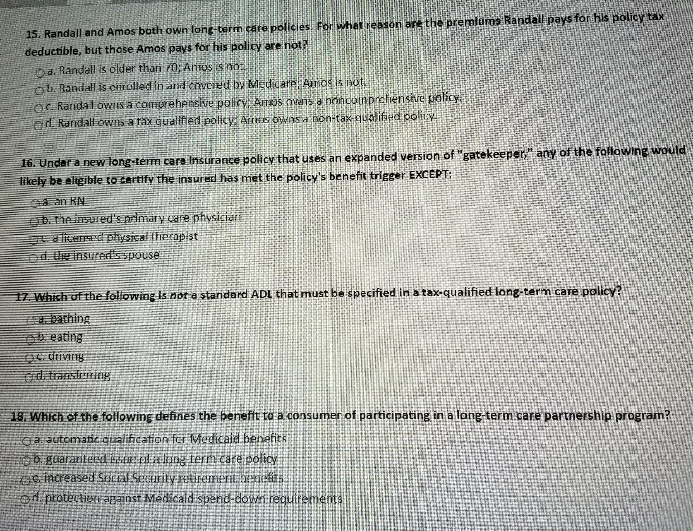 Solved 15. Randall and Amos both own long-term care | Chegg.com