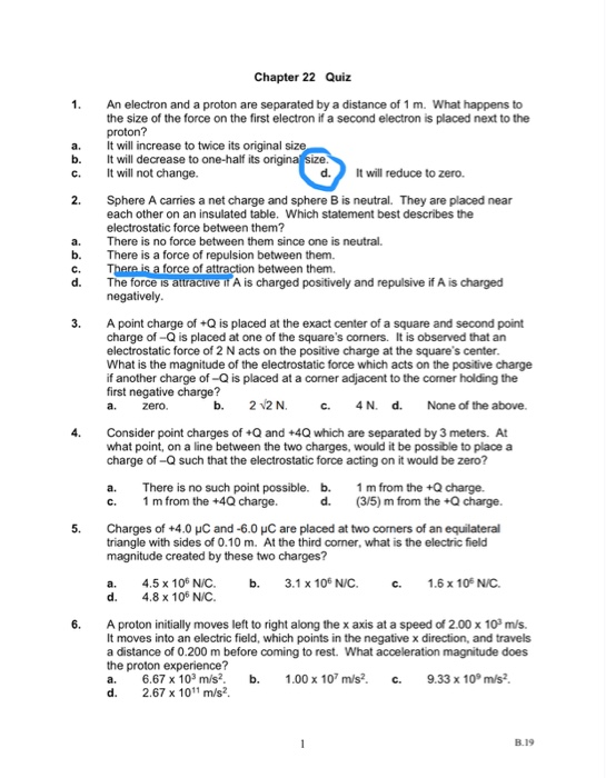 Solved 1. a b. C. 2. b. C. d. 3. Chapter 22 Quiz An electron | Chegg.com